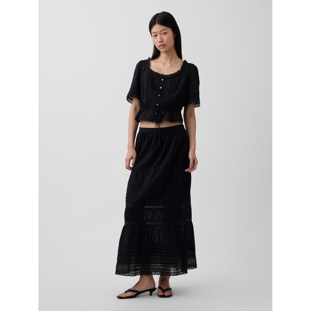 Gap Lace Trim Maxi Skirt Black Cotton Eyelet Medium Prairie Victorian Cottage